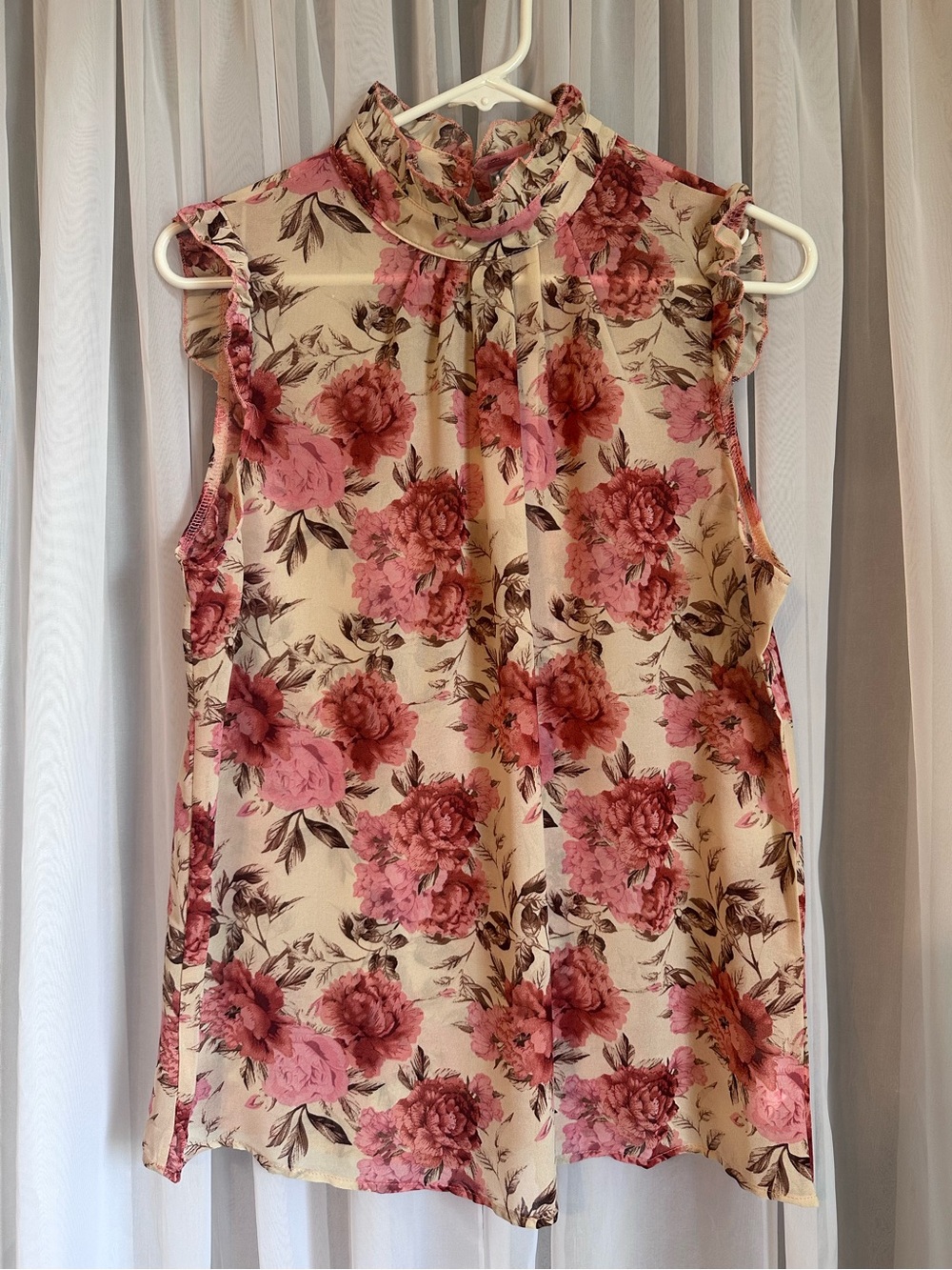 Enlin Tan and Pink Floral Sheer Mock Neck Sleeveless Ruffle Top Size M